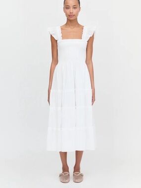 Hill House Ellie Nap dress White Smocked Ruffle-Shoulder Midi
